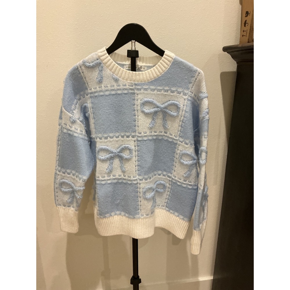 Altar'd State Blue White Checkered Bow Crewneck Sweater Small IKT20897-07A